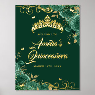 Grünes florales Wirbel-Quinceanera-Willkommensschi Foliendrucke