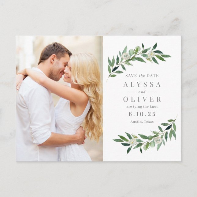 Grünes Foto Save the Date Postkarte (Vorderseite)