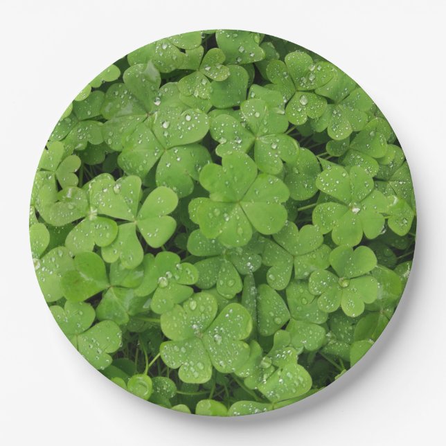 Grünes frisches Kleeblatt, glücklicher St. Patrick Pappteller (Vorderseite)