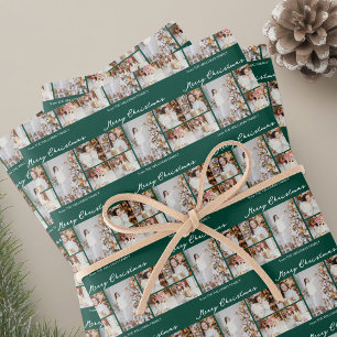 Grünes Frohe Weihnachten Familienfoto-Collage Geschenkpapier Set