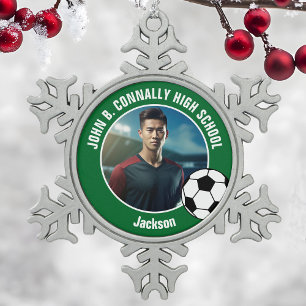 Grünes Fußballspieler-Foto High School Spirit Schneeflocken Zinn-Ornament