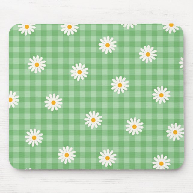 Grünes Gänseblümchen-Karomuster Gingham-Schachbret Mousepad (Vorne)