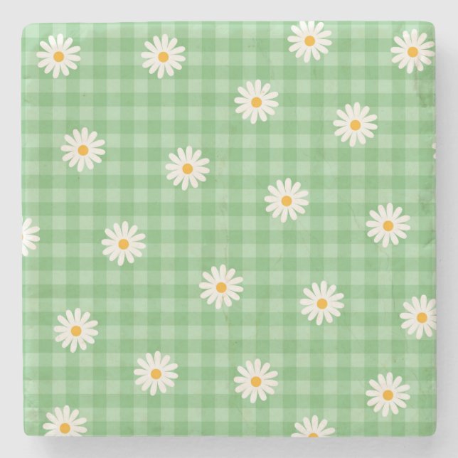 Grünes Gänseblümchen-Karomuster Gingham-Schachbret Steinuntersetzer (Vorderseite)