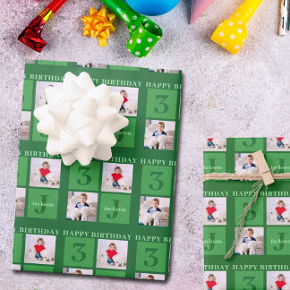 Grünes Geburtstagsfoto Collage Personalisierte Kin Geschenkpapier Set