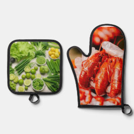 Grünes Gemüse und würzige Langusten Ofenhandschuh & Topflappen-Set