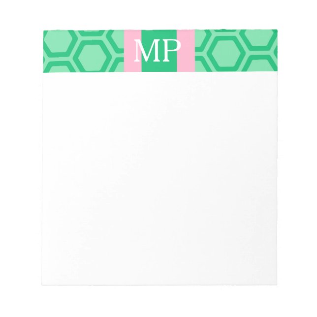 Grünes Geo mit rosa Band-Monogramm-Notizblock Notizblock (Vorderseite)