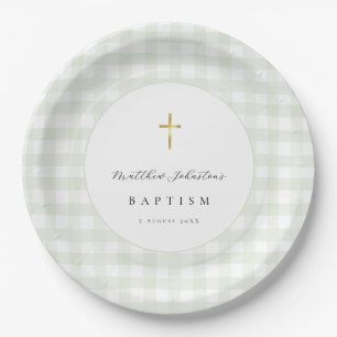Grünes Gingham-Babytaufe-Papier Pappteller