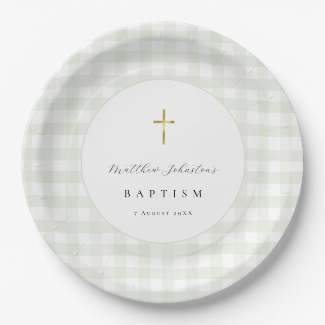 Grünes Gingham-Babytaufe-Papier  Pappteller (Vorderseite)