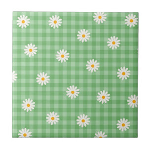 Grünes Gingham-Karo-Blumenmuster mit Gänseblümchen Fliese