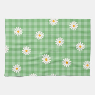 Grünes Gingham-Karo-Blumenmuster mit Gänseblümchen Geschirrtuch