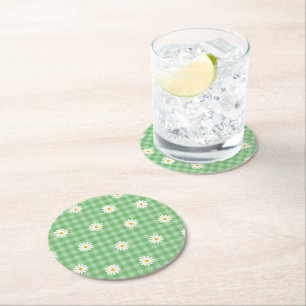 Grünes Gingham-Karo-Blumenmuster mit Gänseblümchen Runder Pappuntersetzer