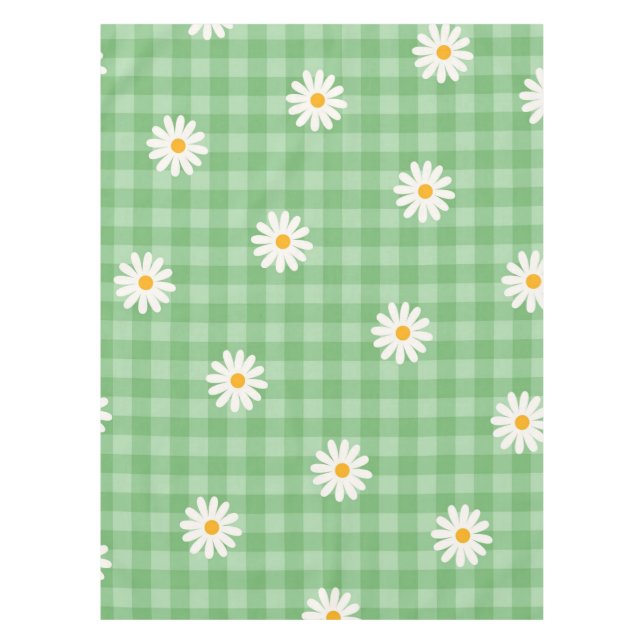 Grünes Gingham-Karo-Blumenmuster mit Gänseblümchen Tischdecke (Vorderseite)