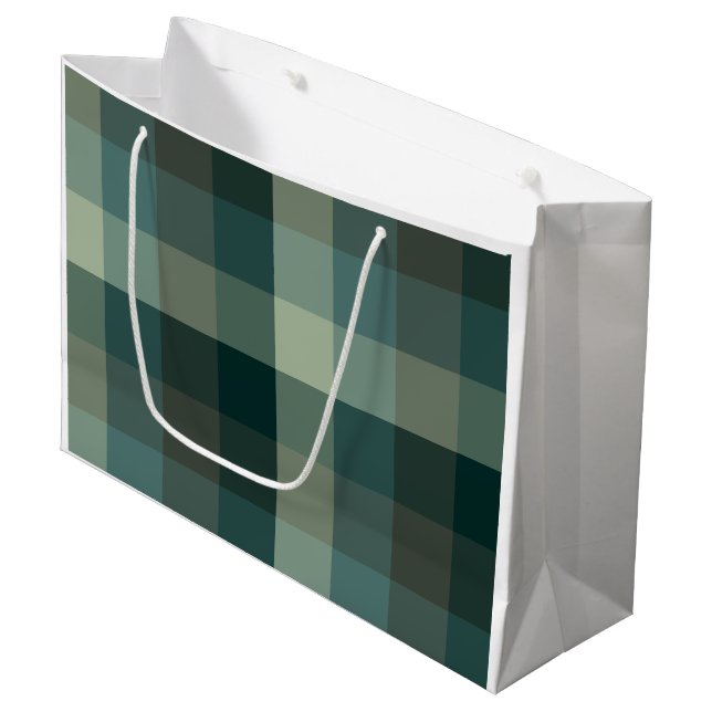 Grünes Gingham-Karo-Karo-Design  Große Geschenktüte (Vorderseite Schrägansicht)