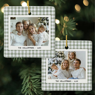 Grünes Gingham Karo Zwei-Foto-Weihnachten Keramikornament