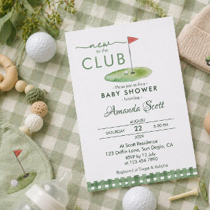 Grünes Gingham - Neu im Club Golf  Babyparty Einladung