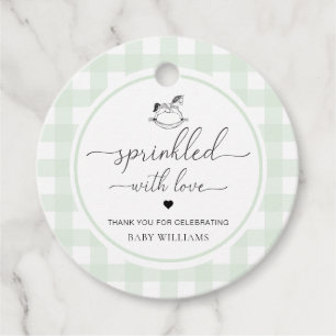 Grünes Gingham Rocking Pferd gesprinklt mit Liebe Geschenkanhänger