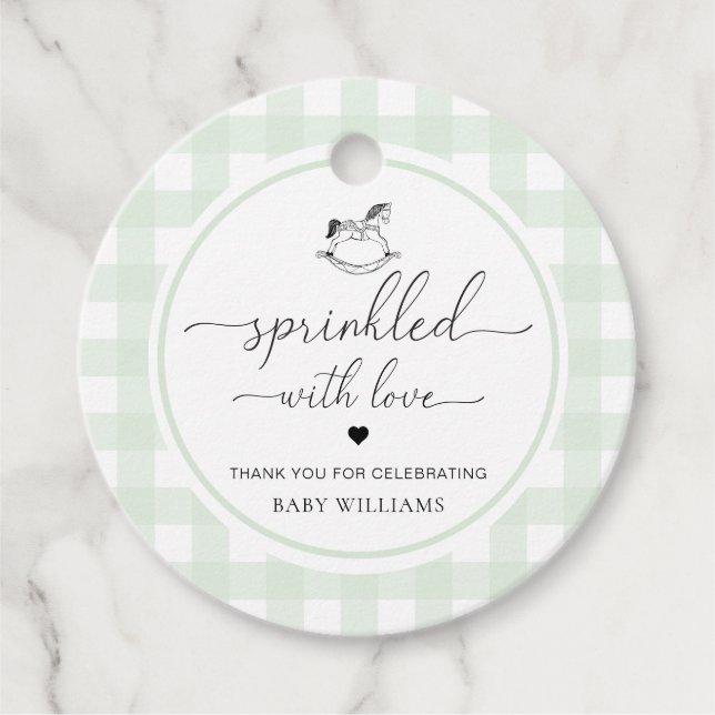 Grünes Gingham Rocking Pferd gesprinklt mit Liebe Geschenkanhänger (Vorderseite)