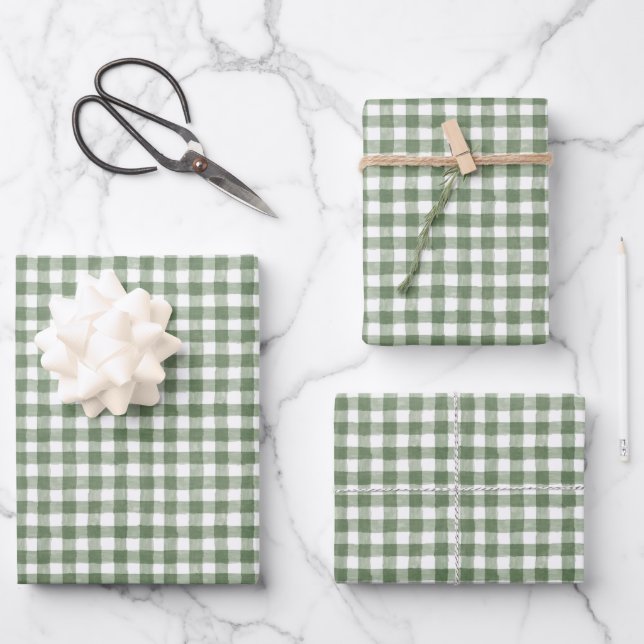 Grünes Gingham Wrapping Paper Flat Sheet Set 3 Geschenkpapier Set (Vorderseite)