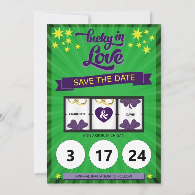 Grünes Glück bei der Hochzeitsankündigung der Lieb Save The Date (Vorderseite)