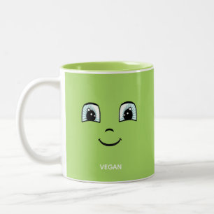 Grünes glückliches Gesicht mit veganem Text & Mono Zweifarbige Tasse