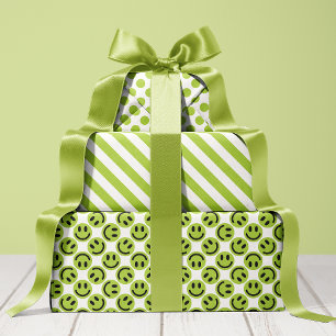 Grünes glückliches Gesicht Streifen und Punkte Geschenkpapier Set
