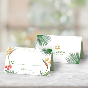Grünes Gold Bat Mitzvah Tropische Blumen Wasserfar Platzkarte