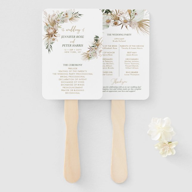 Grünes & Gold Boho Botanisches Hochzeitsprogramm Fächer (Vorne und Hinten)