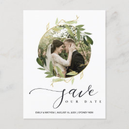 GRÜNES GOLD FOLIAGE WREATH SAVE THE DATE FOTO ANKÜNDIGUNGSPOSTKARTE