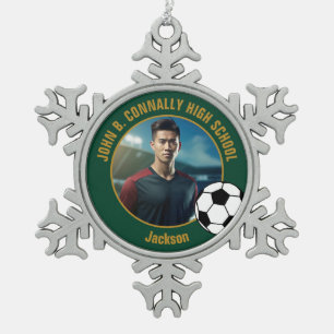 Grünes Gold Fußballspieler Foto High School Schneeflocken Zinn-Ornament