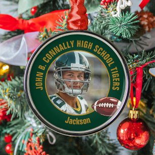 Grünes Gold Fußballspieler Foto Weihnachten Ornament Aus Metall