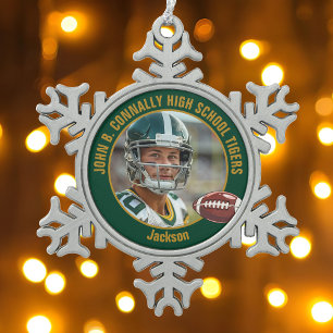 Grünes Gold High School Fußballspieler Foto Schneeflocken Zinn-Ornament