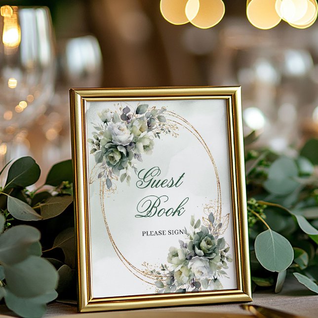 Grünes Gold Laub Gästebuch Tischschild (Green Gold Foliage Guest Book Tabletop Sign)