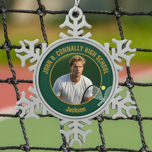 Grünes Gold Tennisspieler-Foto High School Schneeflocken Zinn-Ornament