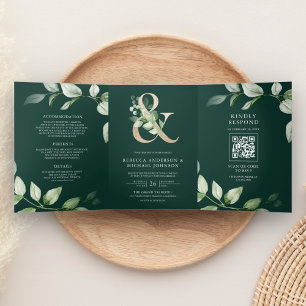 Grünes Gold Und-QR-Code Smaragd-Hochzeit Dreifach Gefaltete Einladung