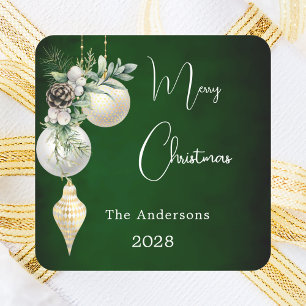 Grünes Gold weiße Christbaumkugeln Weihnachten Quadratischer Aufkleber