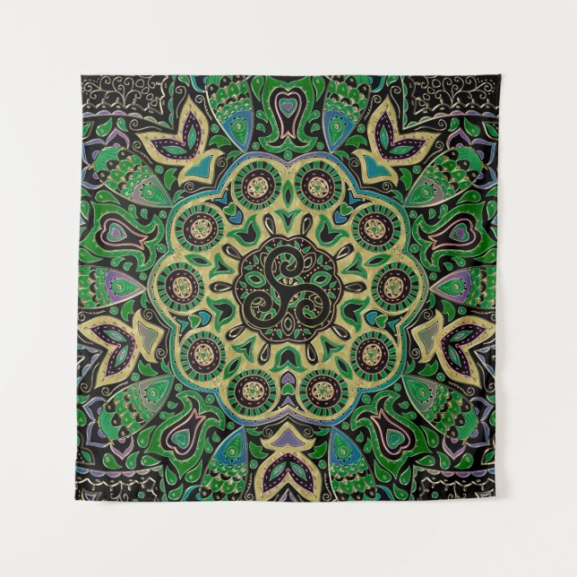 Grünes GoldCeltic Triskele Mandala-Tapisserie Wandteppich (Vorderseite)