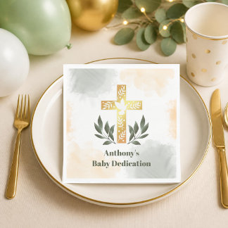Grünes Goldkreuz Aquarell Baby-Tauffeier Serviette