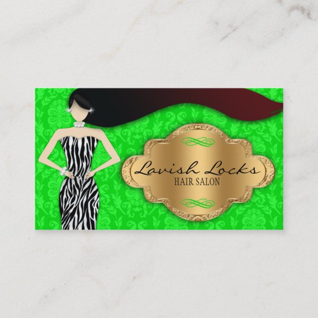 Grünes Goldzebra-Damast-Haar-Stylist-Salon Visitenkarte (Vorderseite)