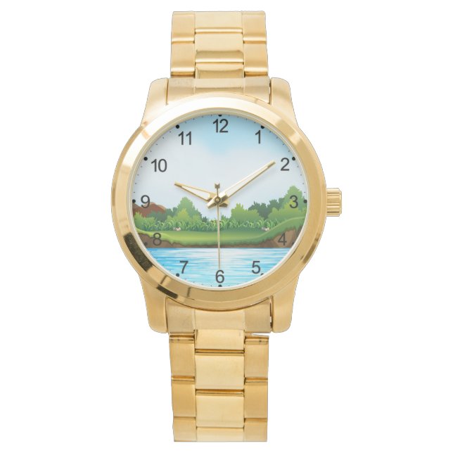 Grünes Gras Blaue Himmel Landschaft-10826 Armbanduhr (Vorderseite)