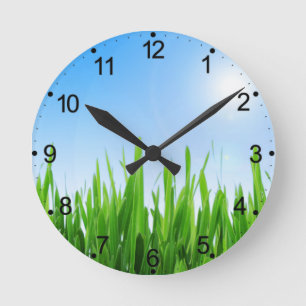 Grünes Gras Blaue Himmel Landschaft-10826 Runde Wanduhr