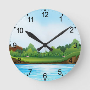 Grünes Gras Blaue Himmel Landschaft-10826 Runde Wanduhr