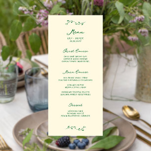 Grünes handgeschriebenes Hochzeitsmenü Menükarte