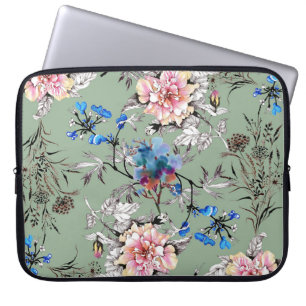 Grünes Hintergrund Blumenmuster. Laptopschutzhülle