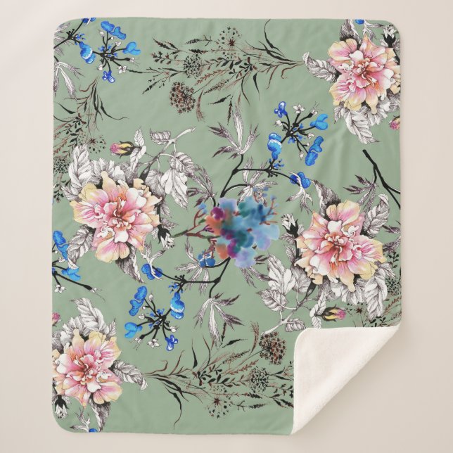 Grünes Hintergrund Blumenmuster. Sherpadecke (Vorderseite)