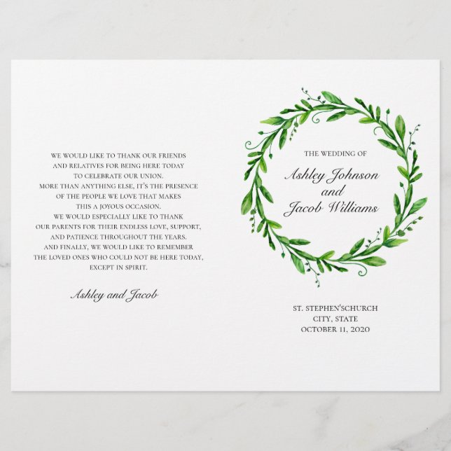 Grünes Hochzeitsprogramm gefaltet. Botanisch wasse (Vorderseite)