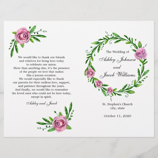 Grünes Hochzeitsprogramm. Sommerfeier (Vorderseite)