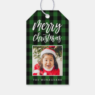 Grünes kariertes Foto-Weihnachten Geschenkanhänger