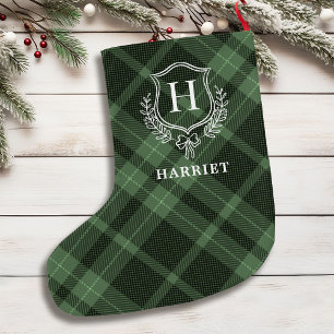 Grünes Kariertes Monogramm Initial-Tartan Großer Weihnachtsstrumpf