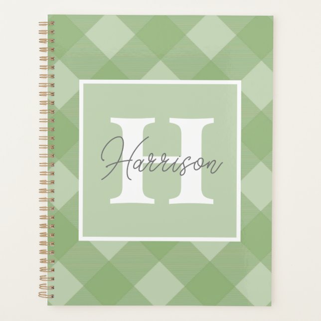 Grünes Kariertes Personalisiertes Monogramm und Na Planer (Vorderseite)