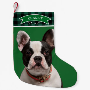 Grünes Karomuster Individuelles Foto Hund Kleiner Weihnachtsstrumpf